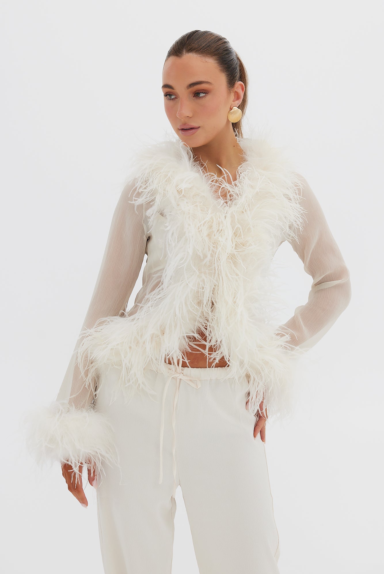 Gigi Sheer Feather Blouse - Cherry TOP Bubish Luxe