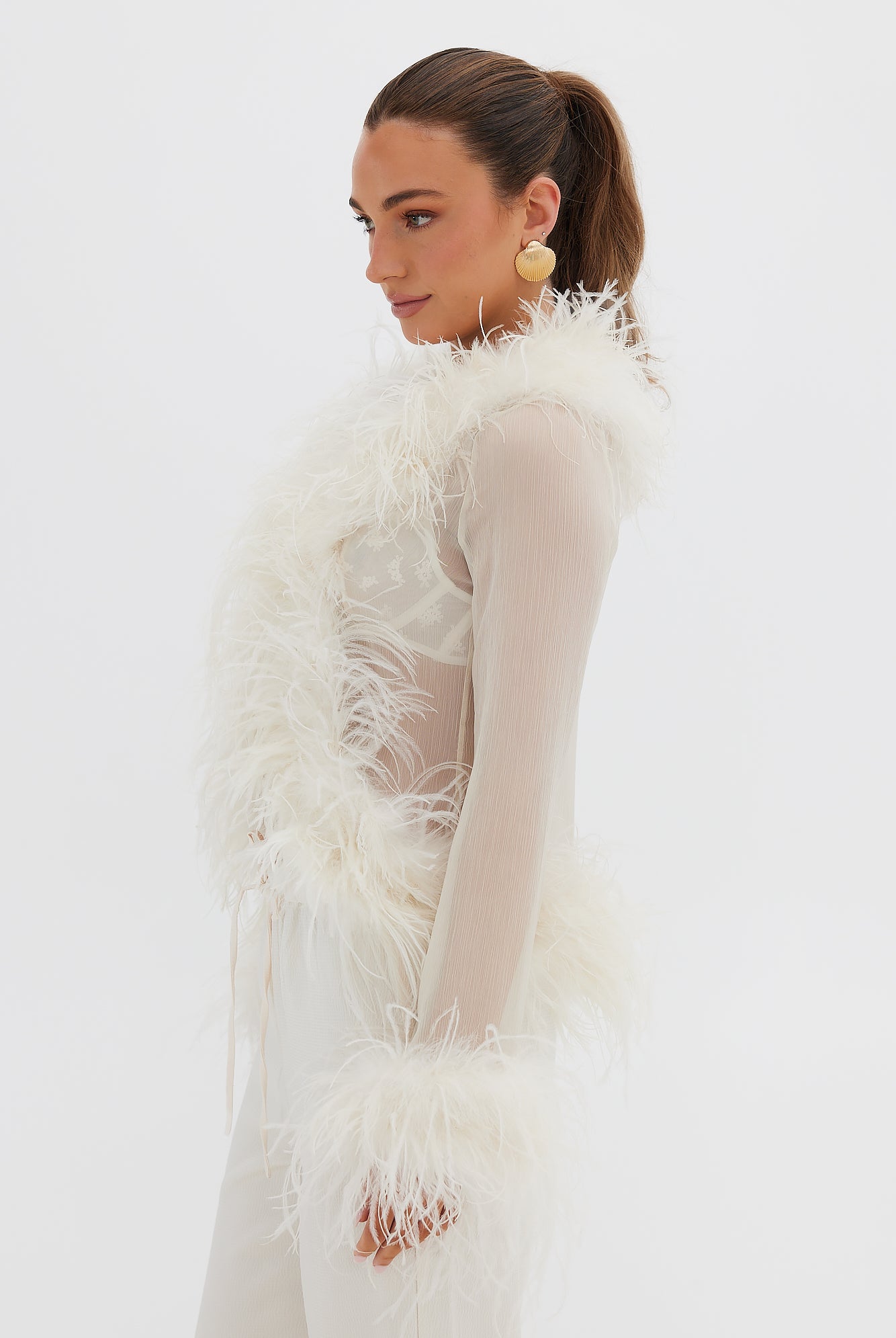 Gigi Sheer Feather Blouse - Cherry TOP Bubish Luxe