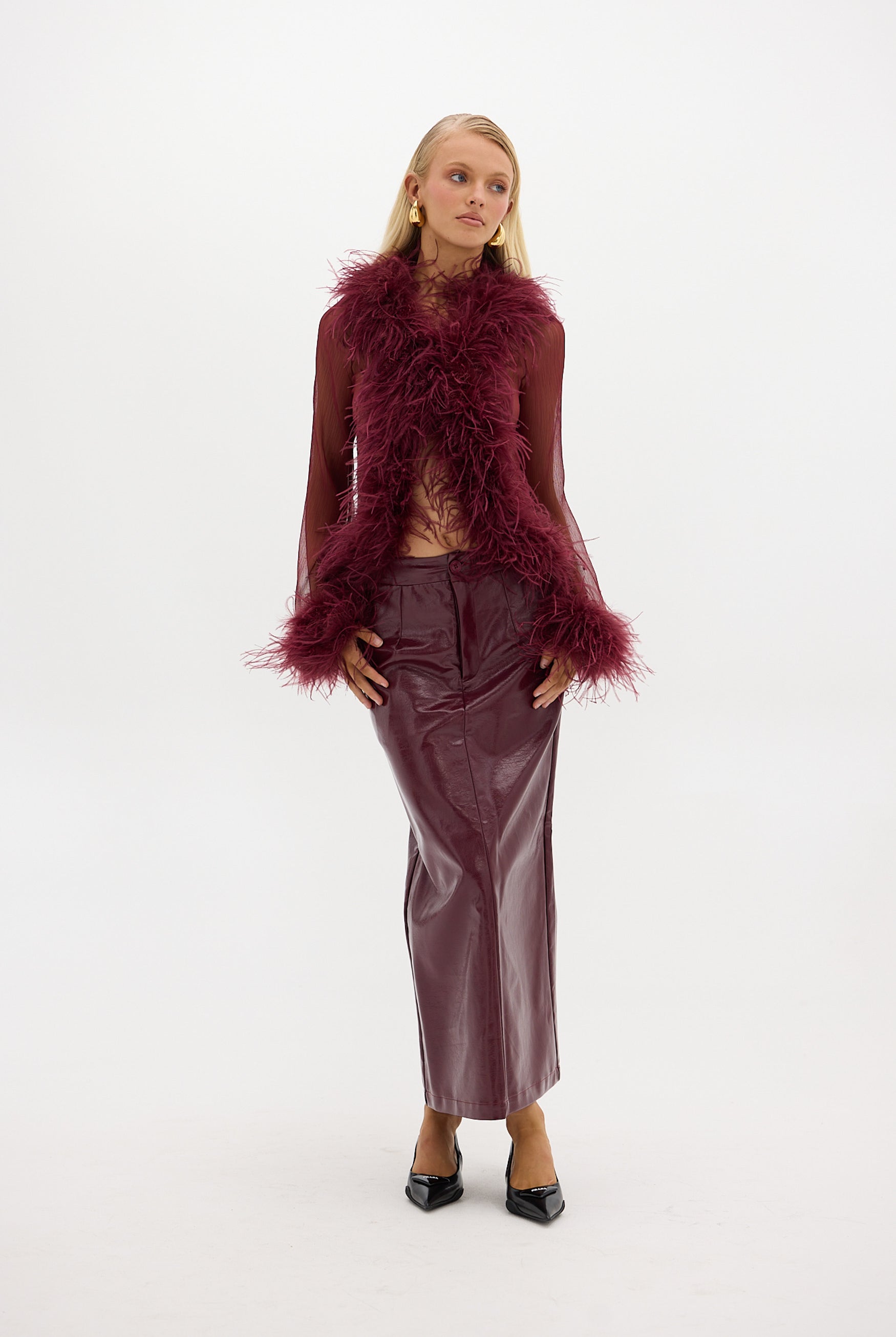 Gigi Sheer Feather Blouse - Cherry TOP Bubish Luxe