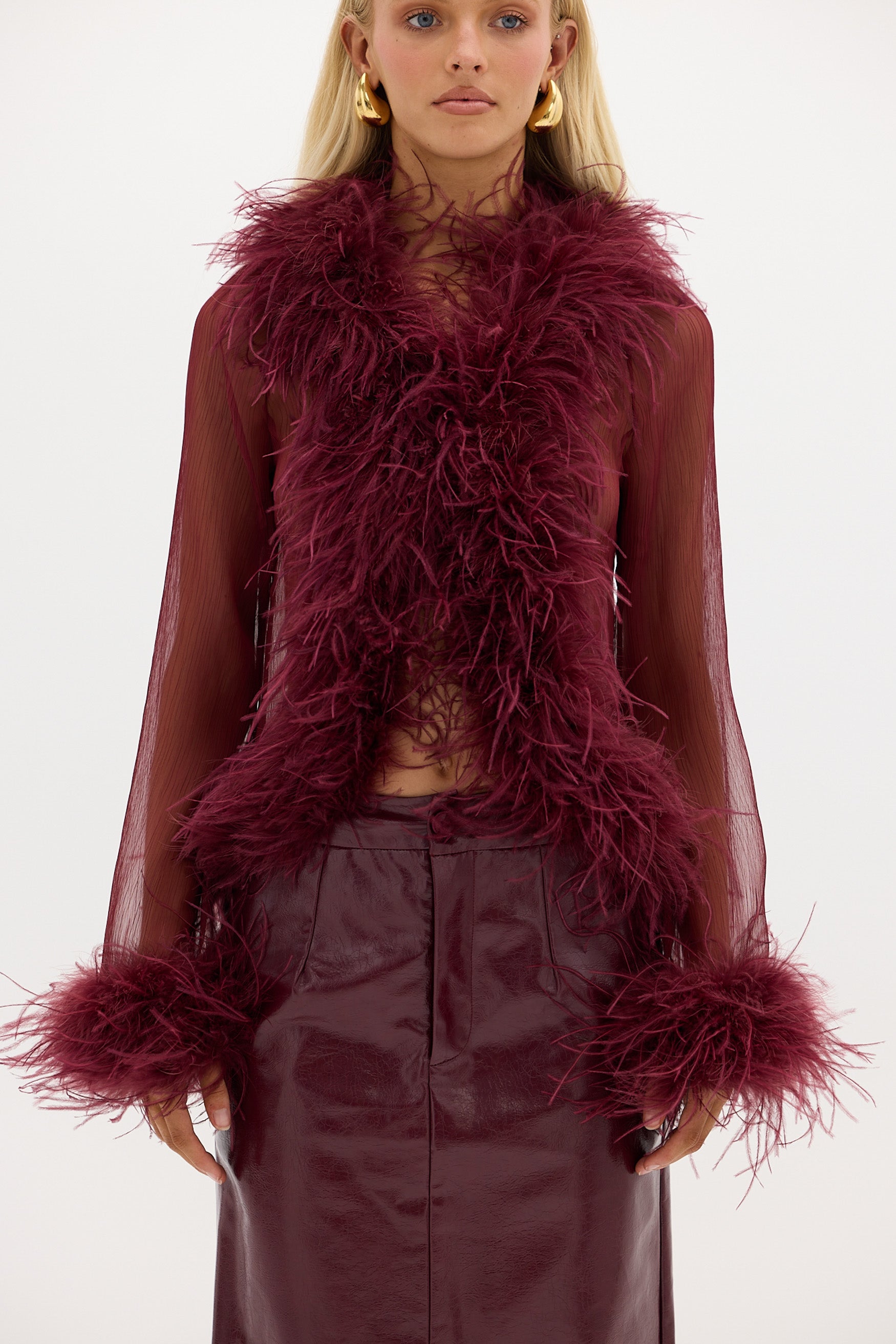 Gigi Sheer Feather Blouse - Cherry TOP Bubish Luxe