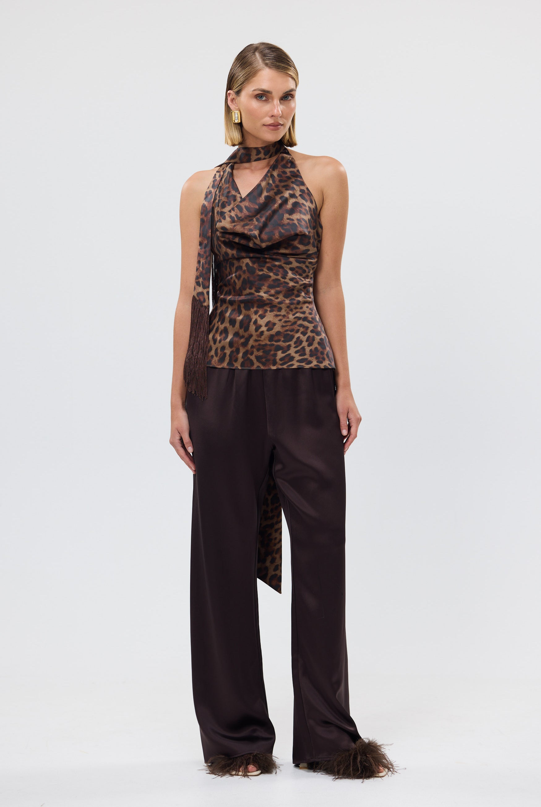 bubish Paige Cowl Neck Tassel Top Leopard PARTY TOP