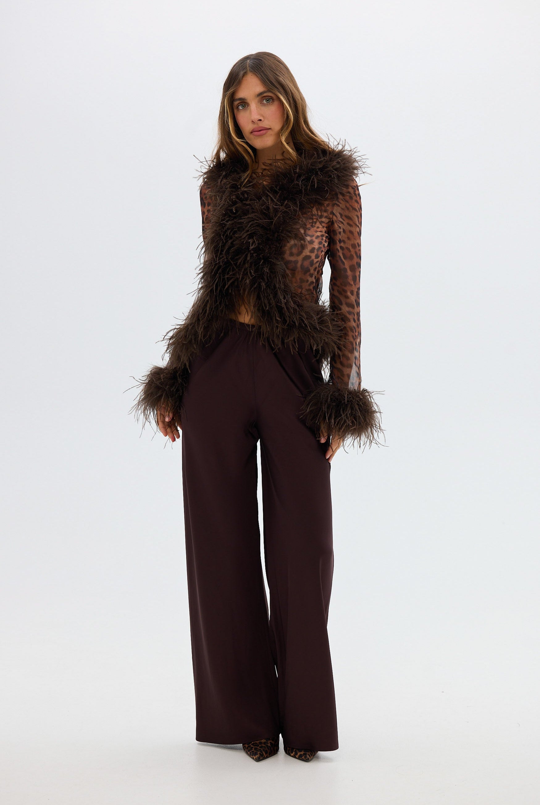 bubish Gigi Sheer Feather Blouse Leopard FEATHER TOP