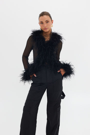 Gigi Sheer Feather Blouse - Black TOP Bubish Luxe