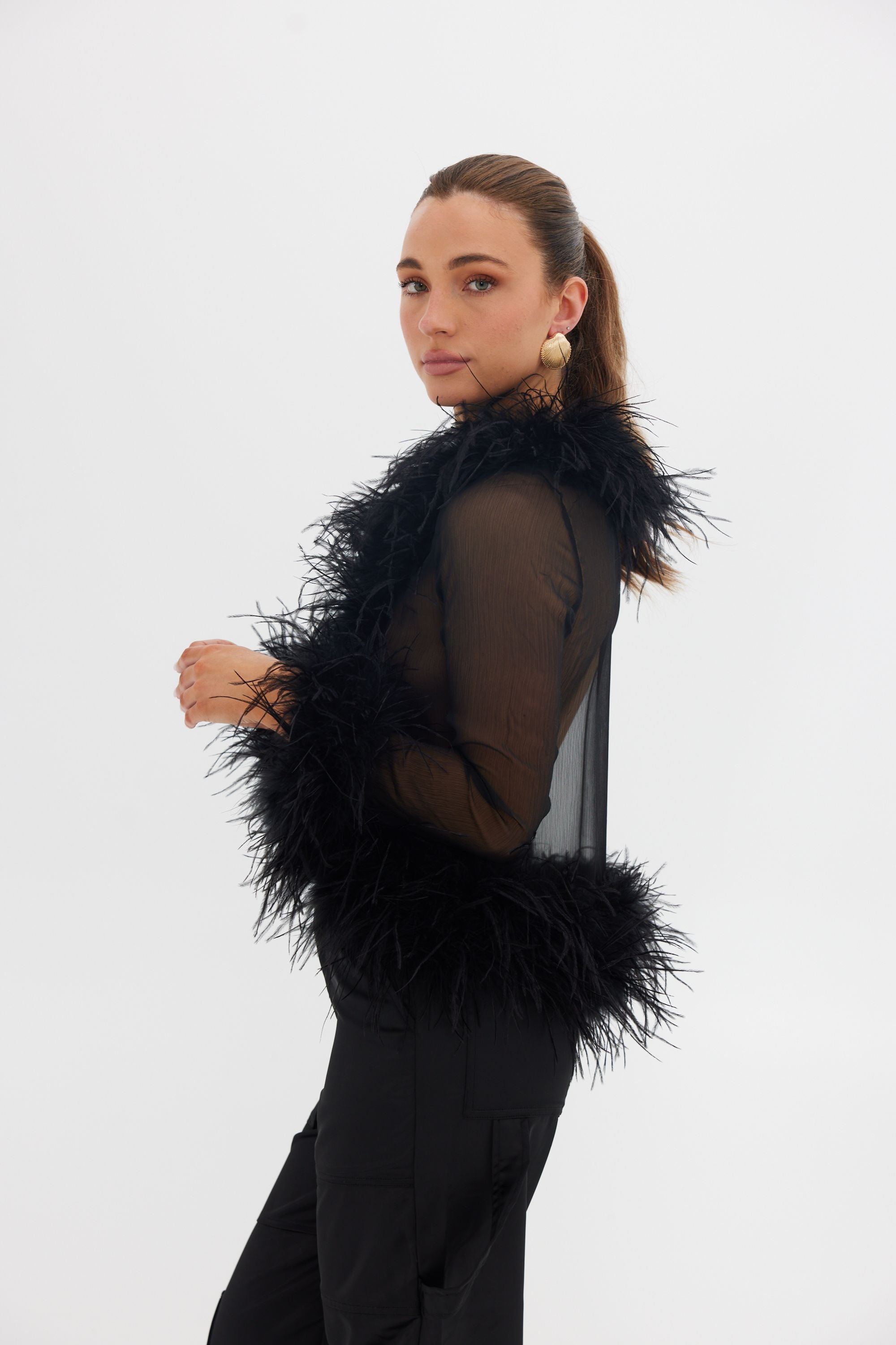 Gigi Sheer Feather Blouse - Black TOP Bubish Luxe