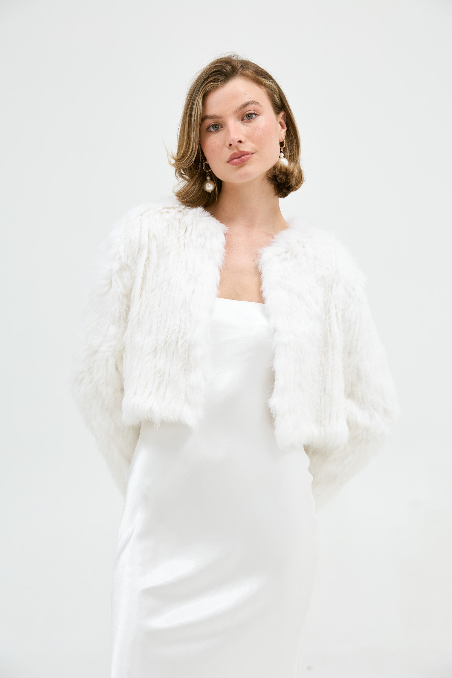 Lola Crop Rabbit Fur Jacket - White | FUR JACKETS | bubish