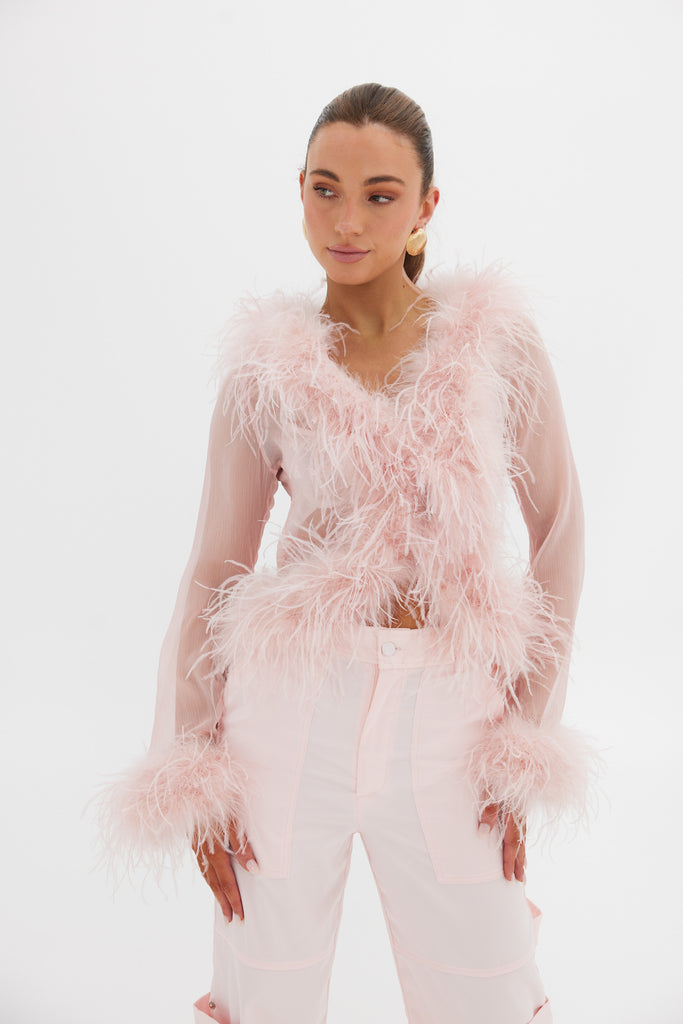 Gigi Sheer Feather Blouse - Blush TOP Bubish Luxe