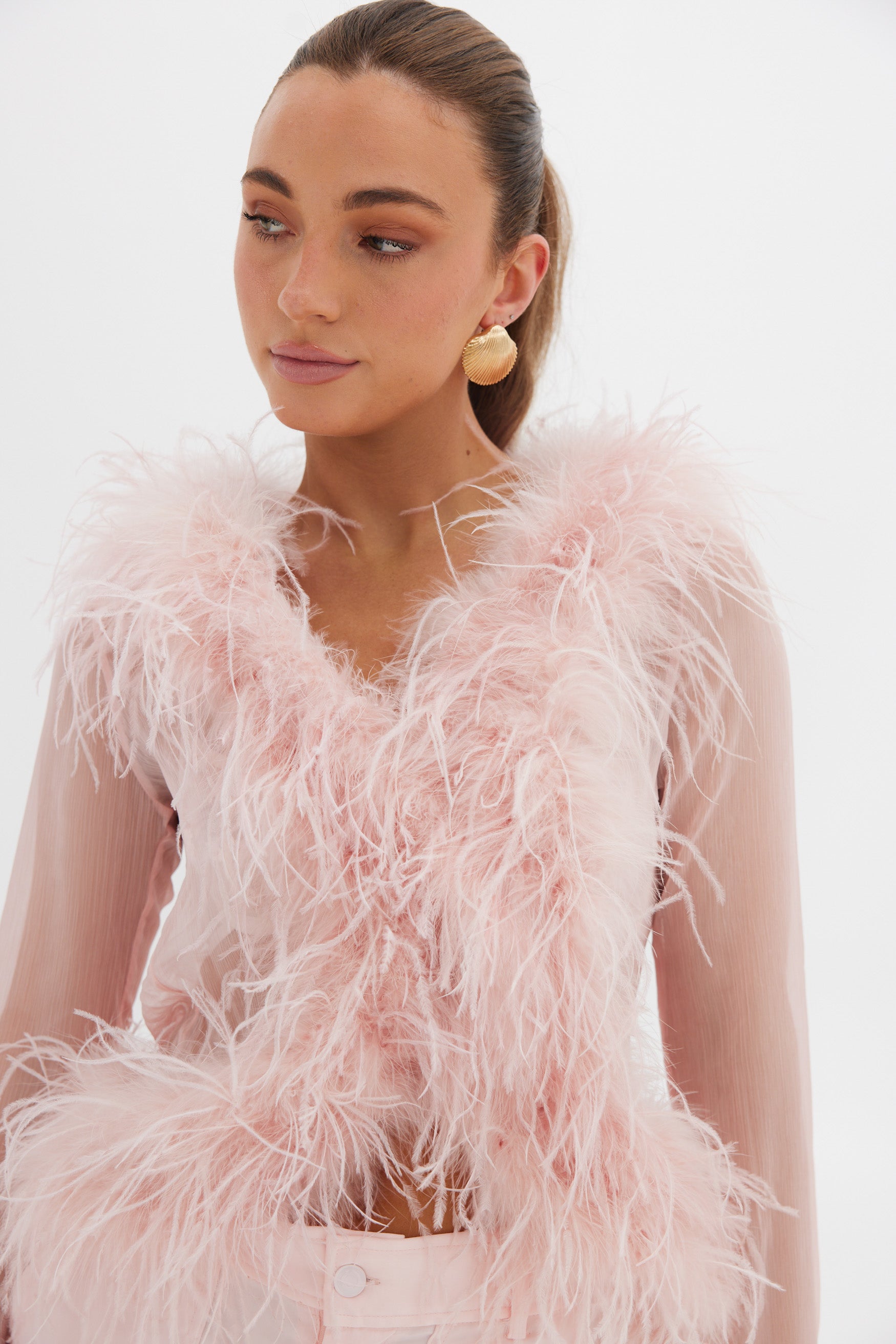 Gigi Sheer Feather Blouse - Blush TOP Bubish Luxe