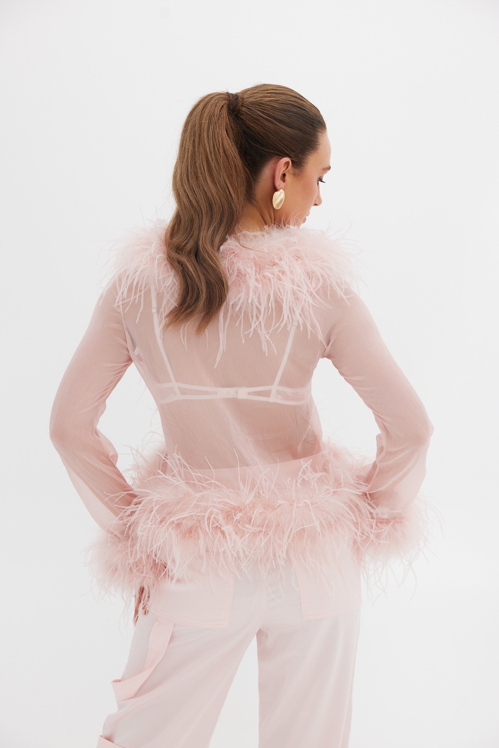 Gigi Sheer Feather Blouse - Blush TOP Bubish Luxe