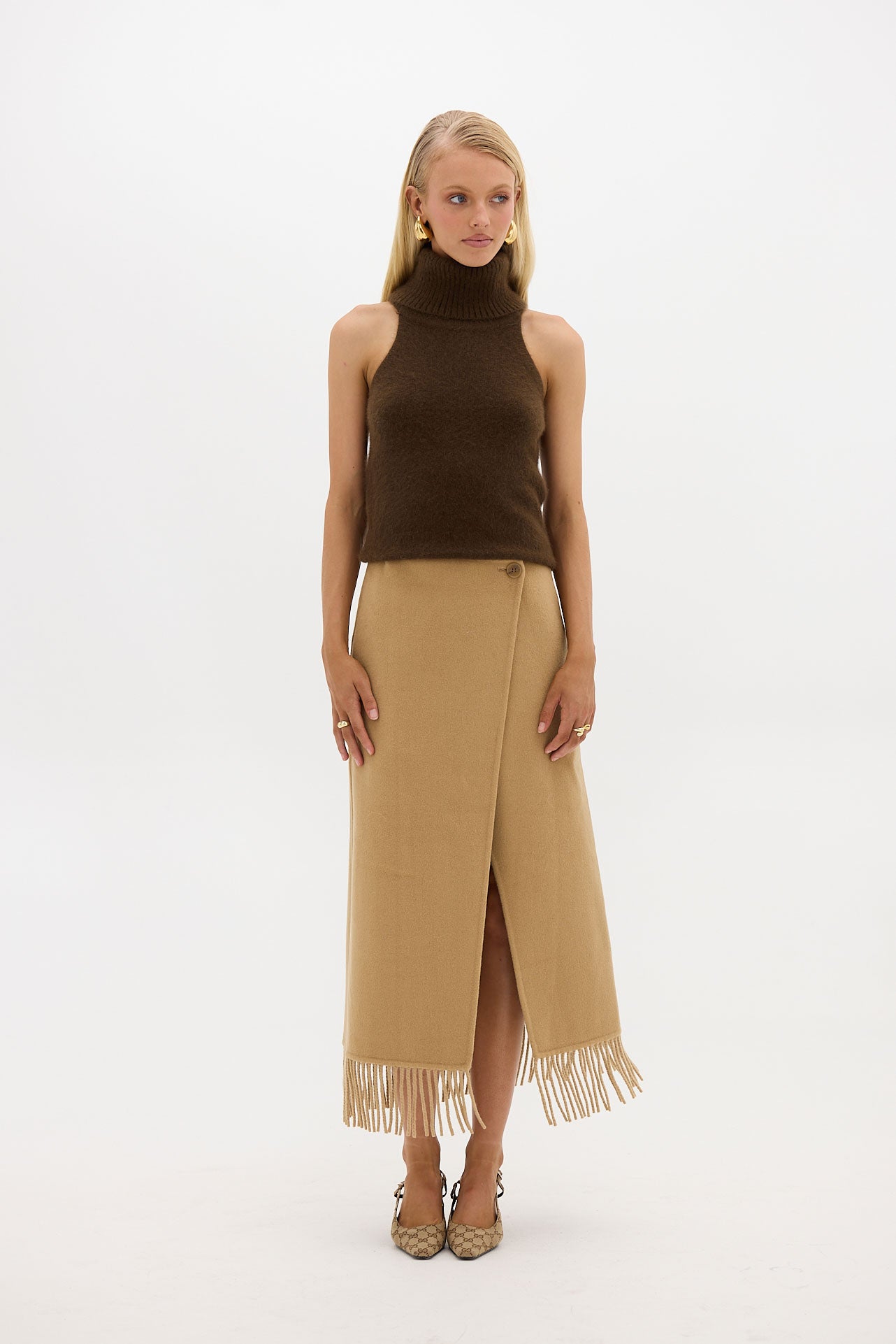 Kate Fringe Wrap Wool Skirt - Walnut | SKIRTS | bubish – Bubish Luxe