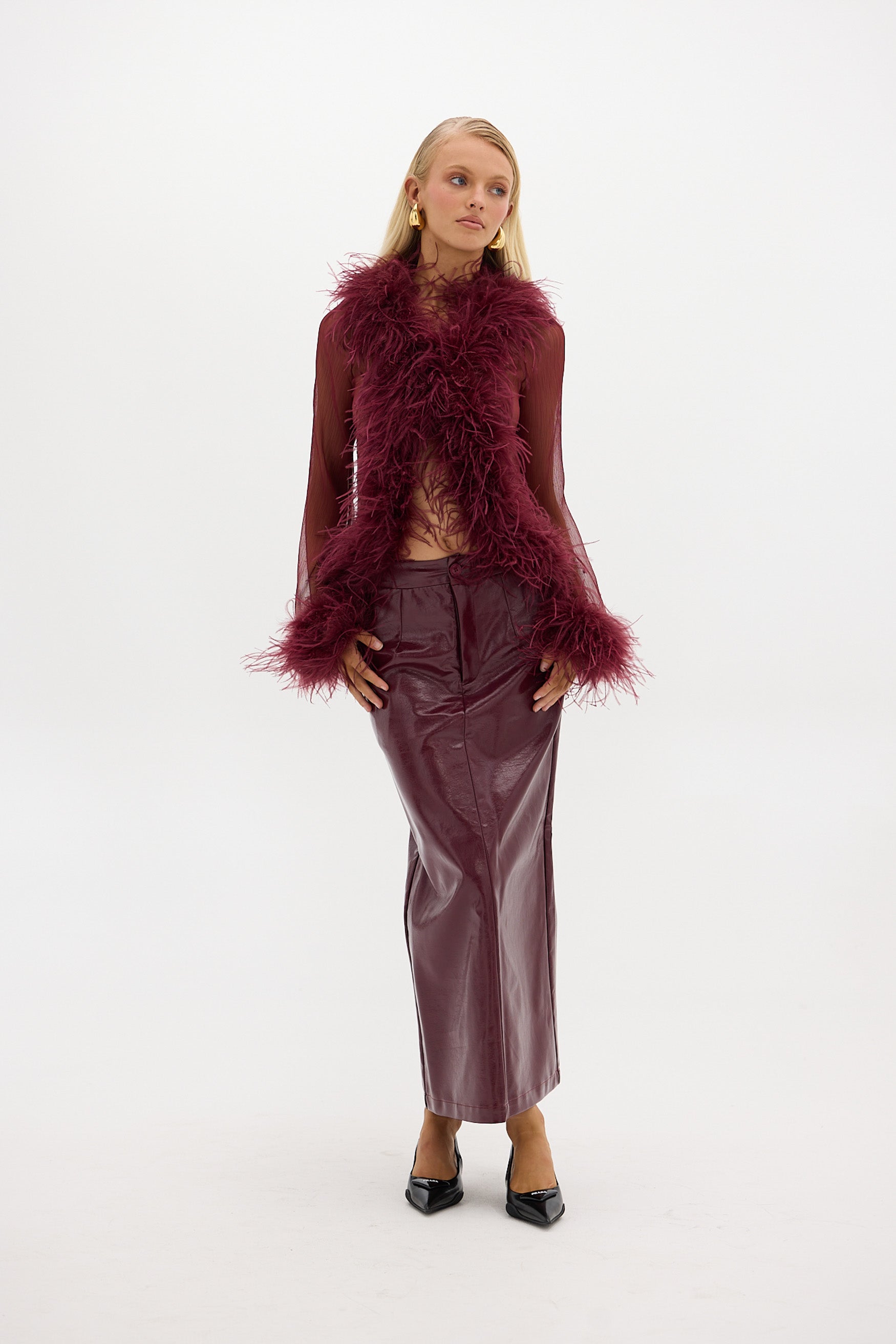 Gigi Sheer Feather Blouse - Cherry TOP Bubish Luxe 