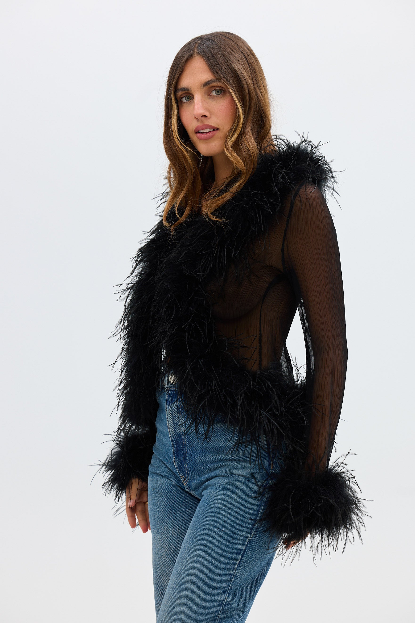 bubish Gigi Sheer Feather Blouse Black TOP