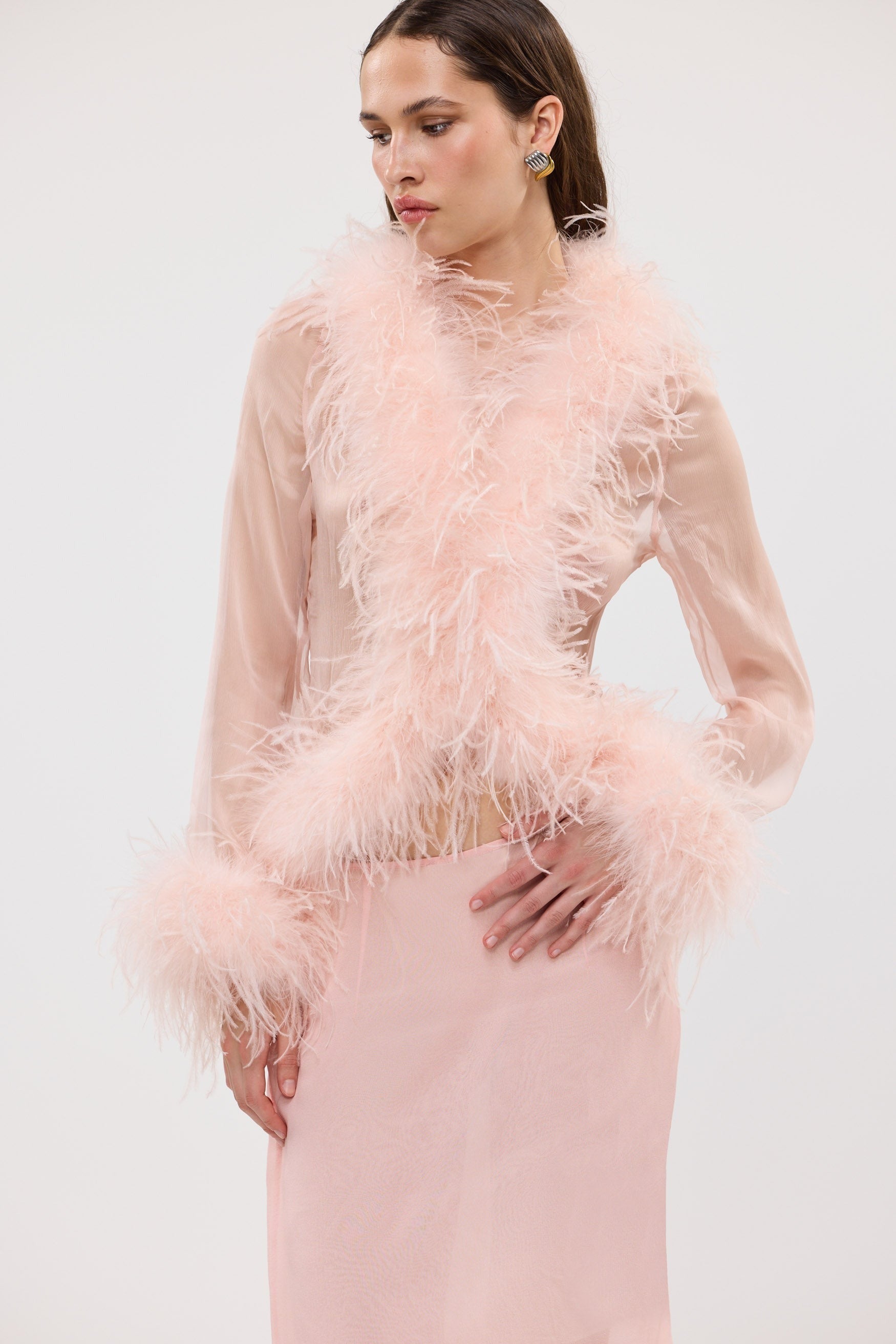 Gigi Sheer Feather Blouse Blush FEATHER TOP bubish