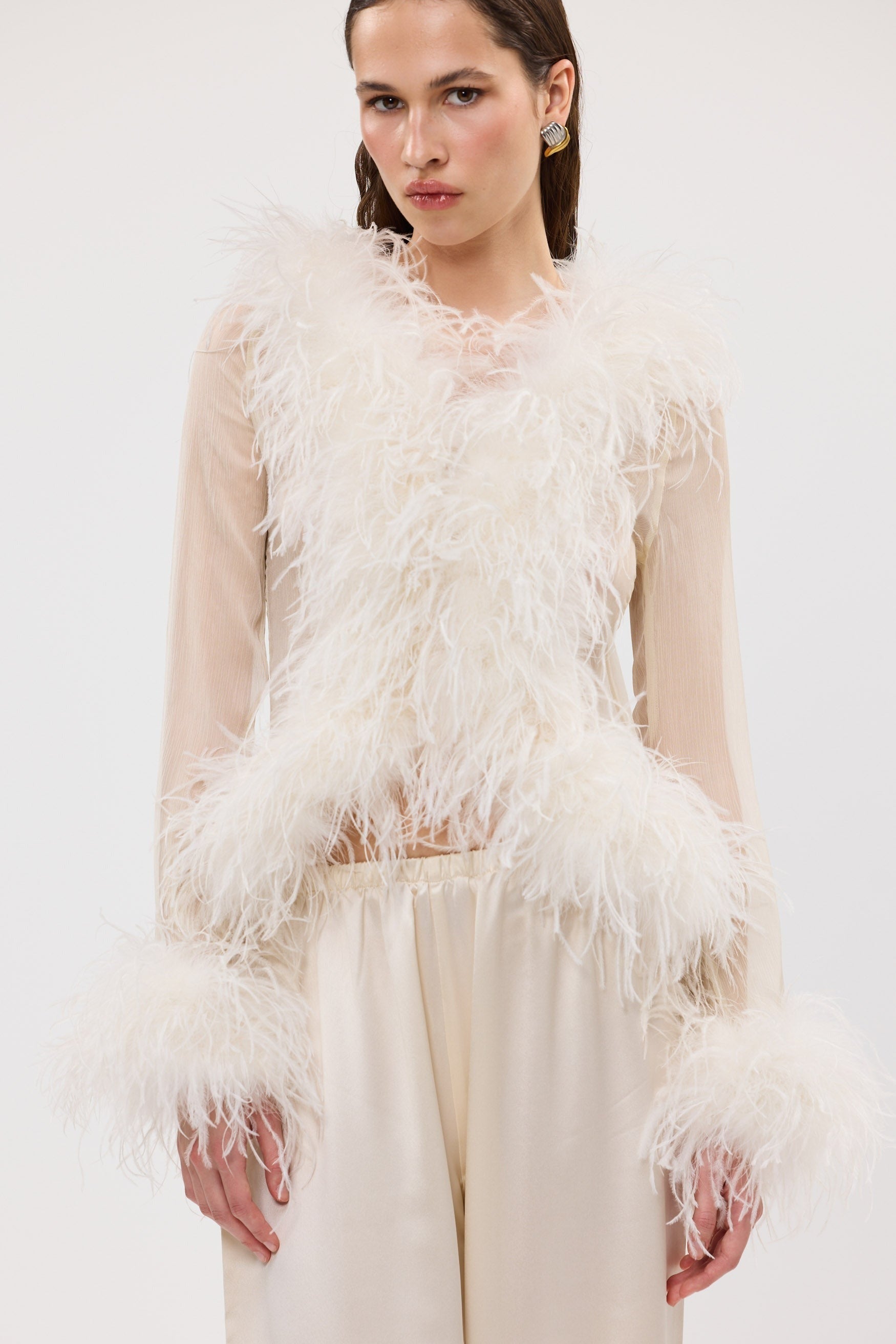 Gigi Sheer Feather Blouse Ivory FEATHER TOP bubish