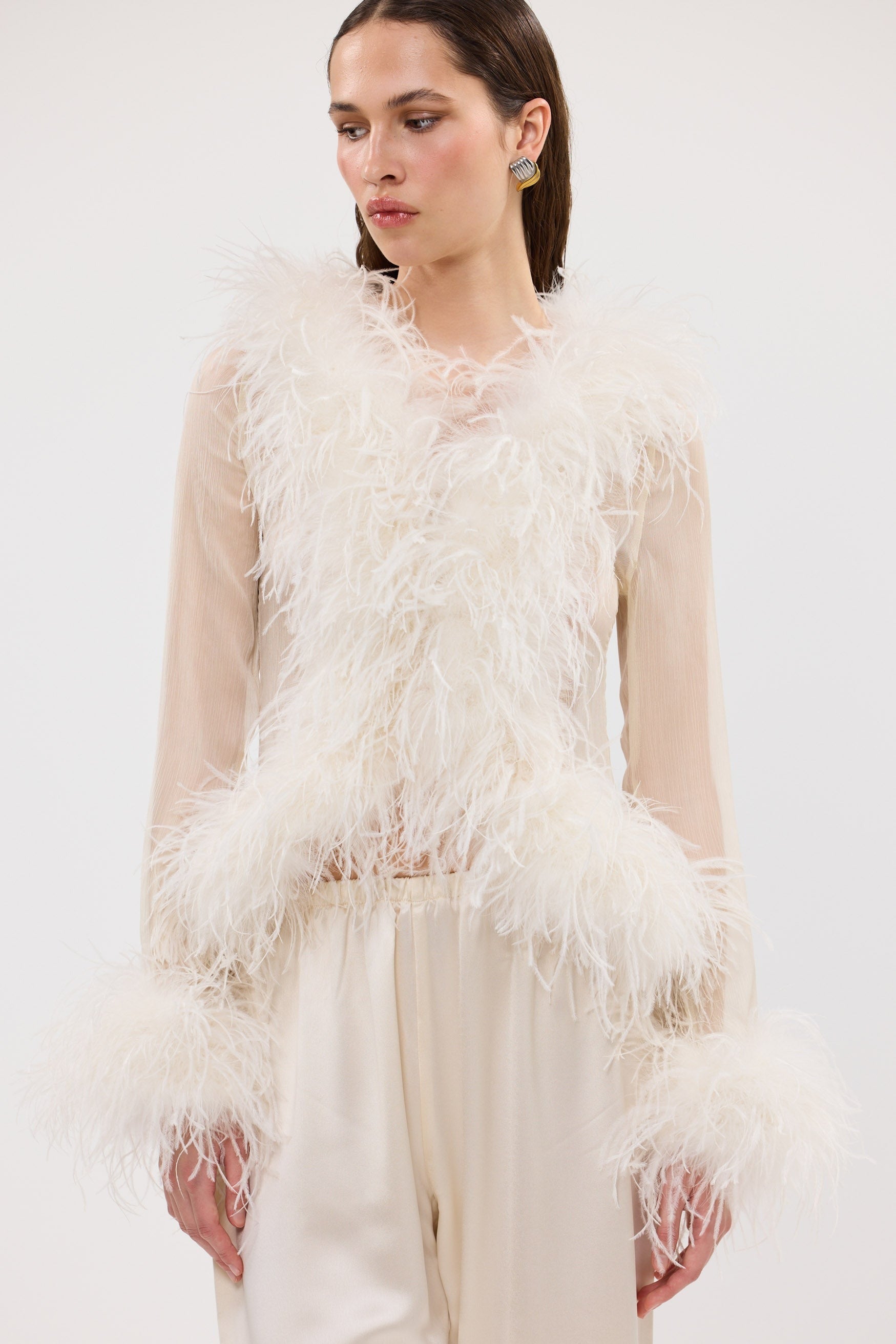 Gigi Sheer Feather Blouse Ivory FEATHER TOP bubish