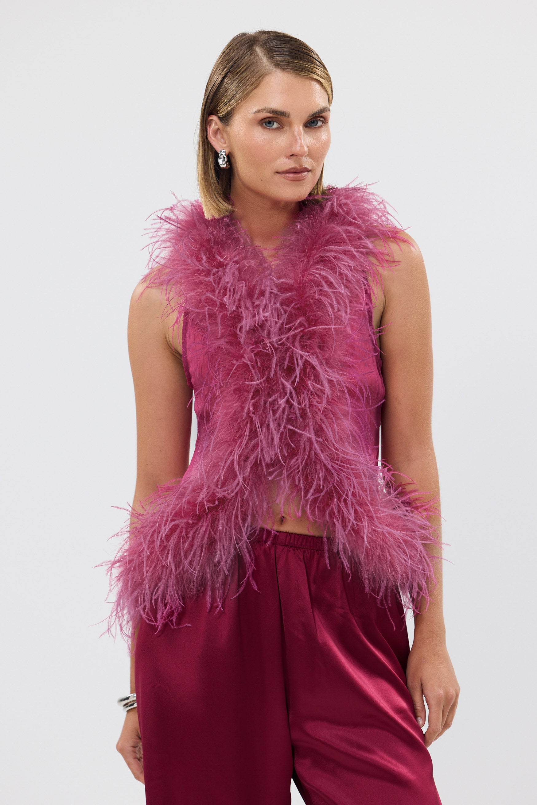 bubish Gigi Sheer Feather Vest Raspberry FEATHER TOP