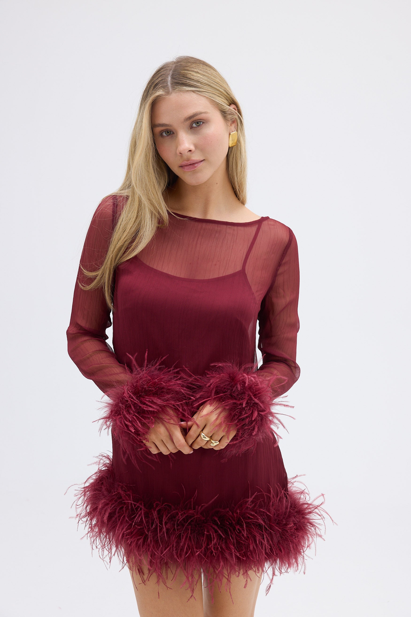 bubish Harlow Sheer Feather Mini Dress - Cherry DRESS