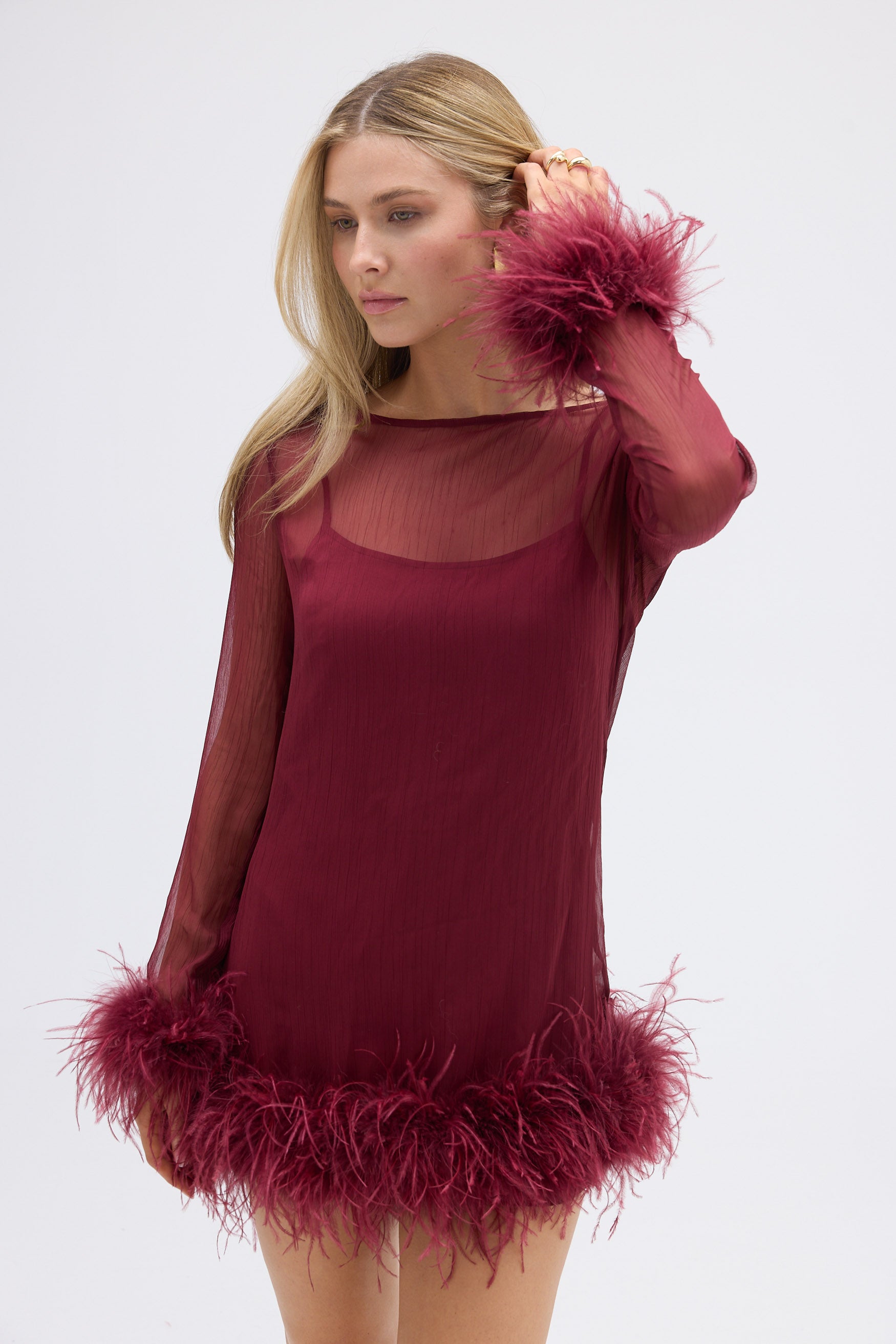 bubish Harlow Sheer Feather Mini Dress - Cherry DRESS