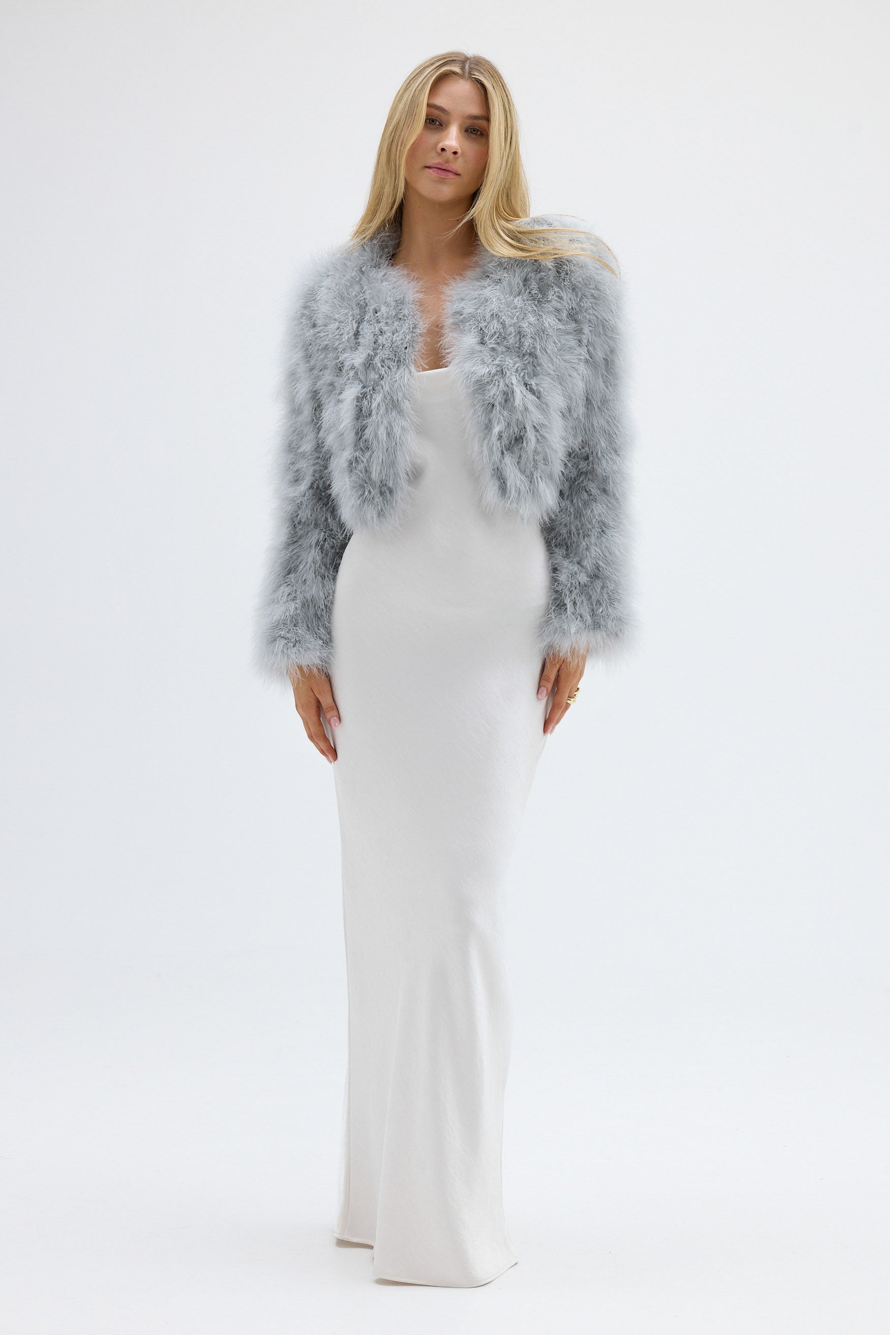 Manhattan Crop Feather Jacket - Light Grey | FEATHER JACKETS