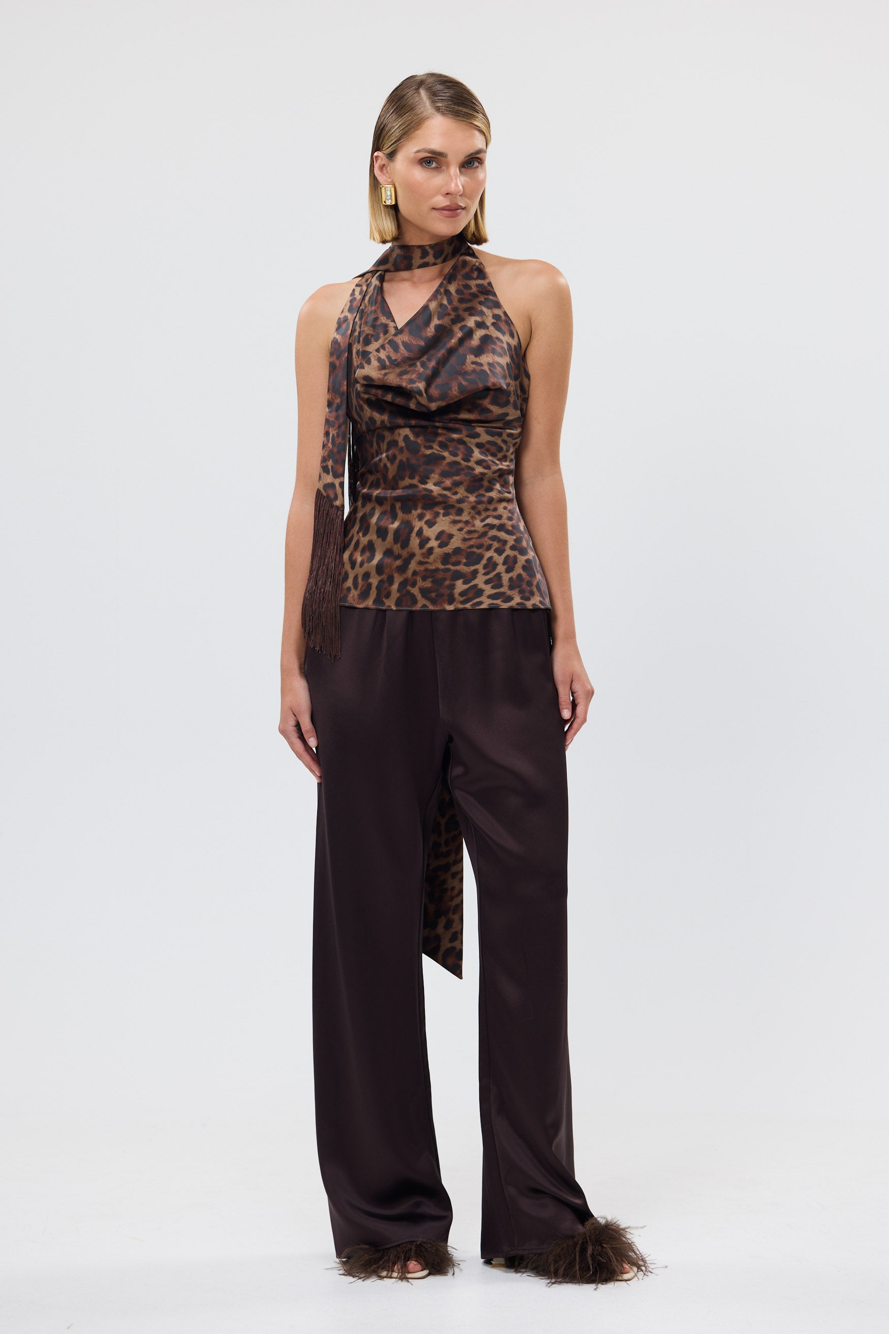bubish Paige Cowl Neck Tassel Top Leopard PARTY TOP