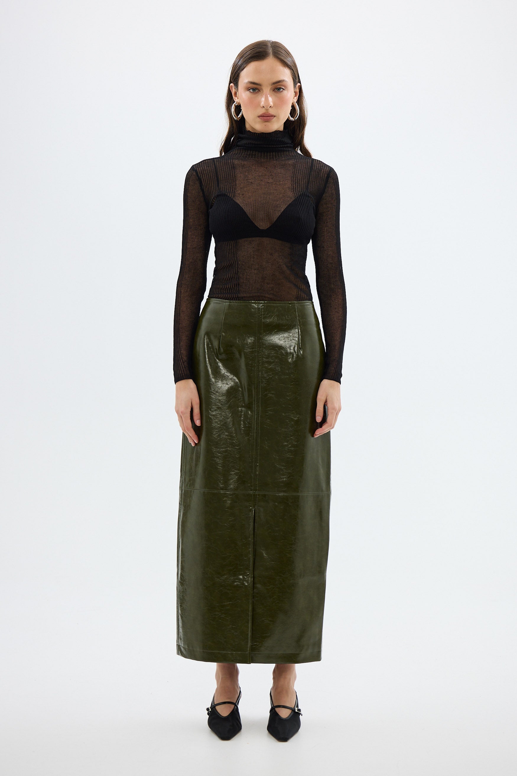 bubish Raye Maxi Skirt Khaki FAUX LEATHER SKIRT