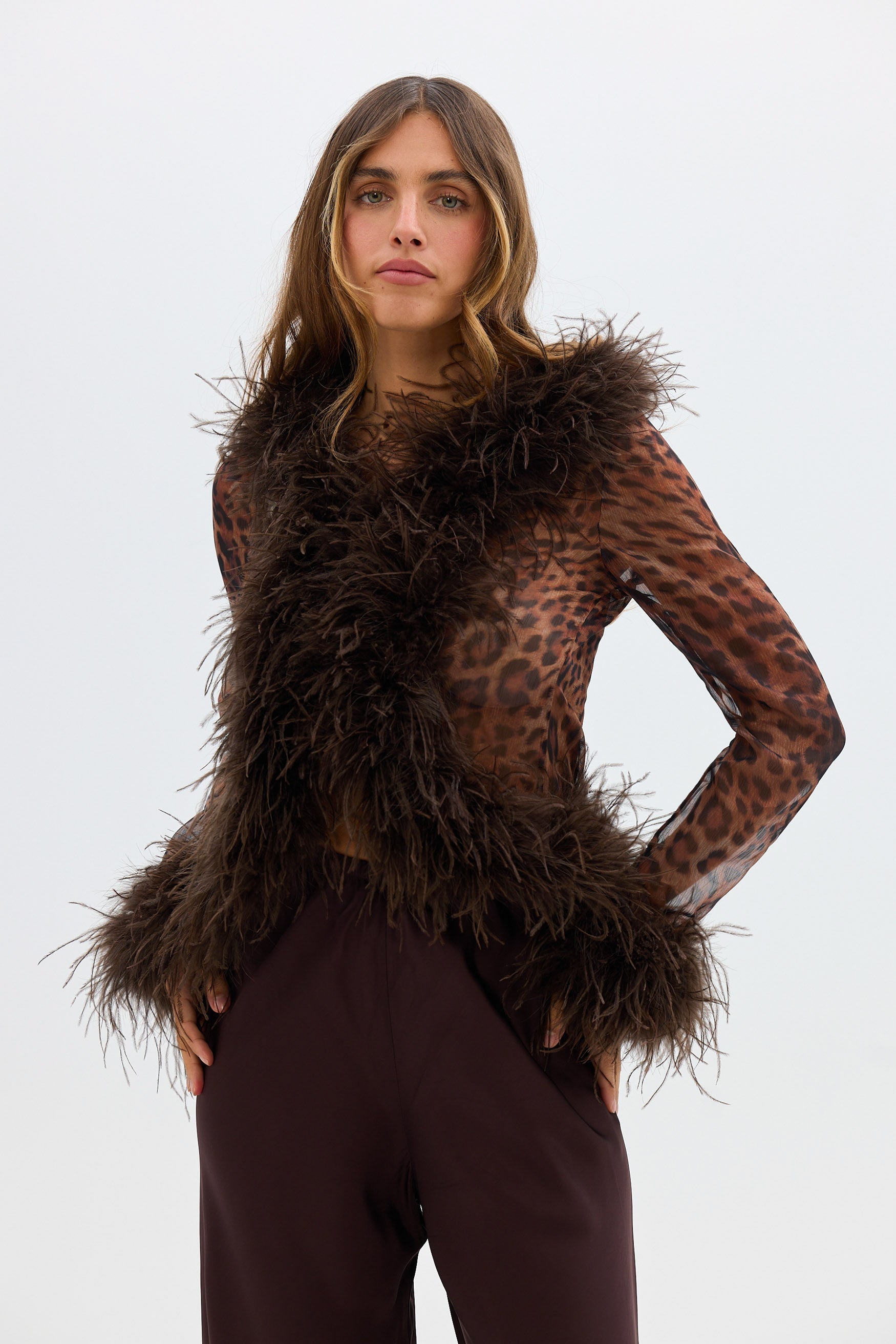 bubish Gigi Sheer Feather Blouse Leopard FEATHER TOP