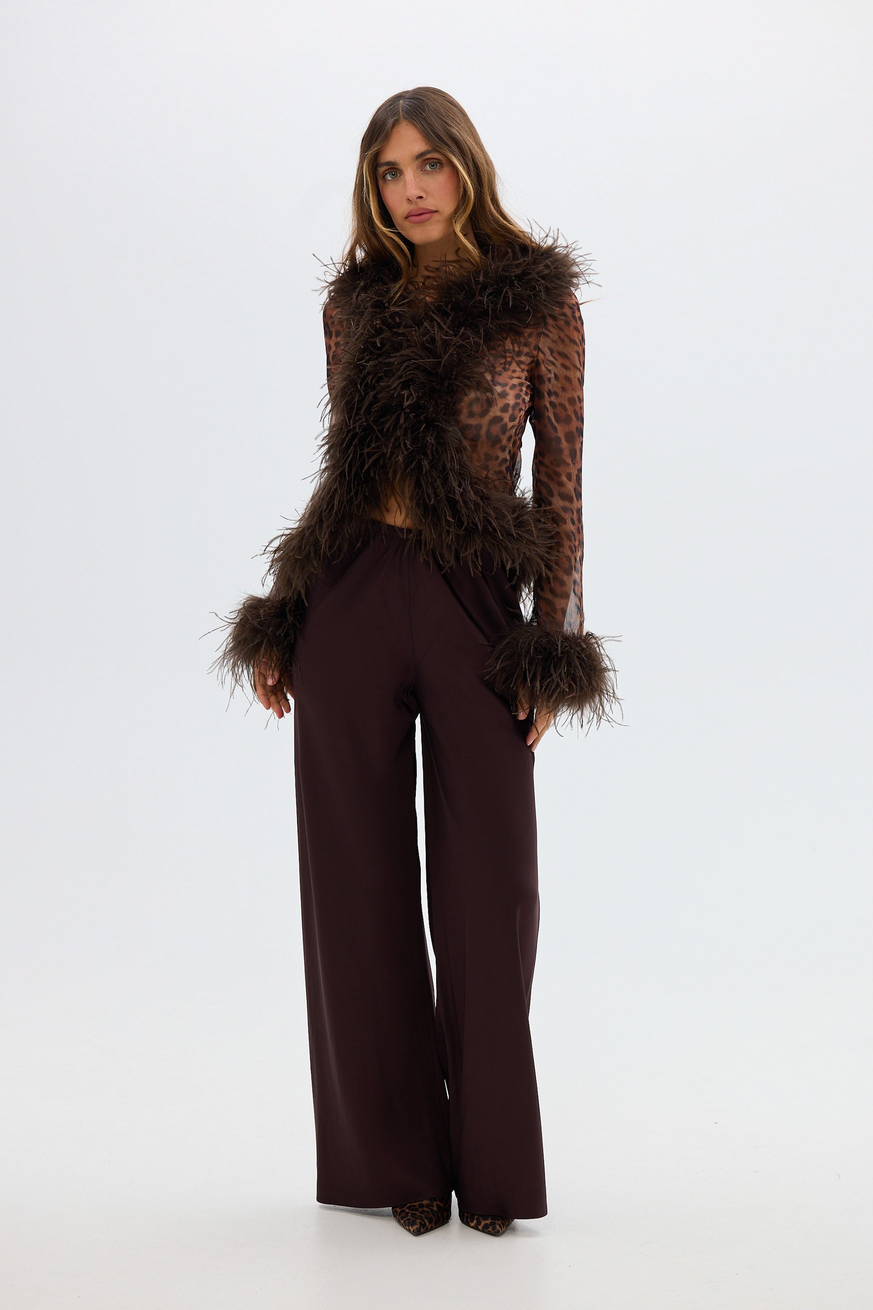 bubish Gigi Sheer Feather Blouse Leopard FEATHER TOP