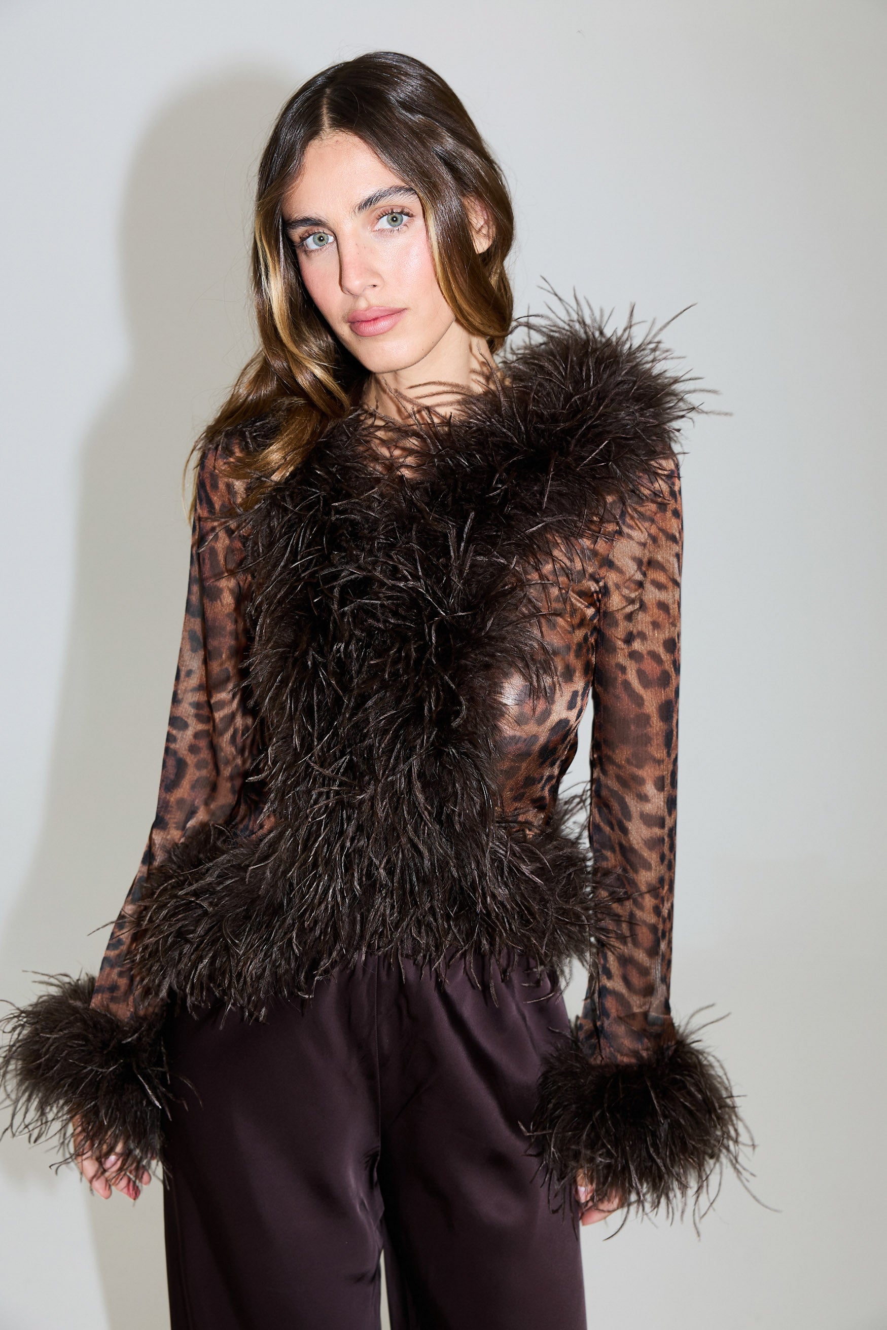 bubish Gigi Sheer Feather Blouse Leopard FEATHER TOP