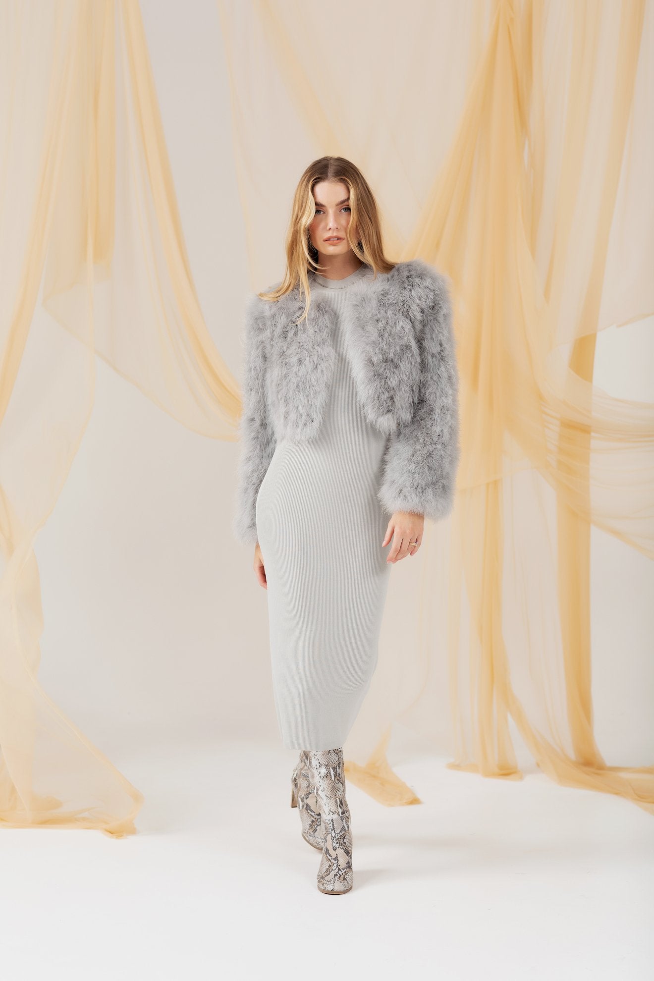 Manhattan Feather Jacket - Light Grey Cropped Jacket Bubish Luxe 